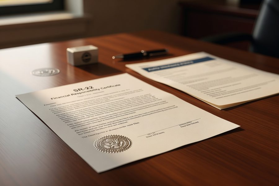 SR-22 certificate document on top of a DMV form