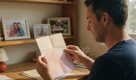 Middle-aged man reviewing term life insurance paperwork at home