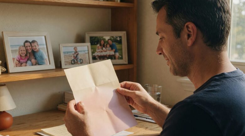 Middle-aged man reviewing term life insurance paperwork at home