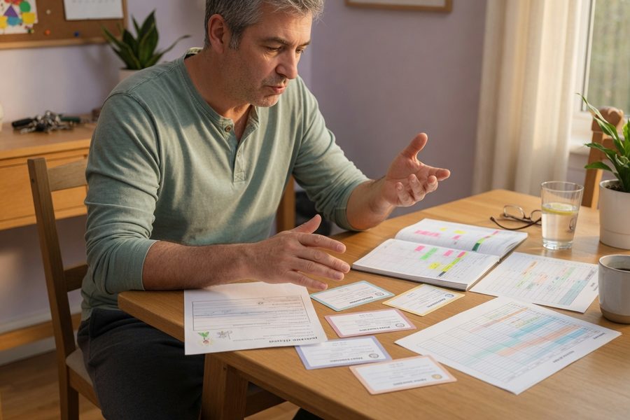 A stay‑at‑home dad evaluating term life policy illustrations with an independent broker.