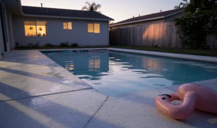 Residential backyard swimming pool with fence and deck