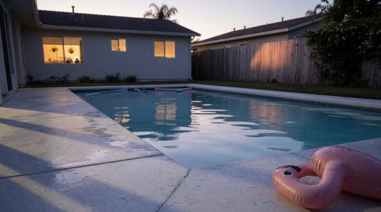 Residential backyard swimming pool with fence and deck