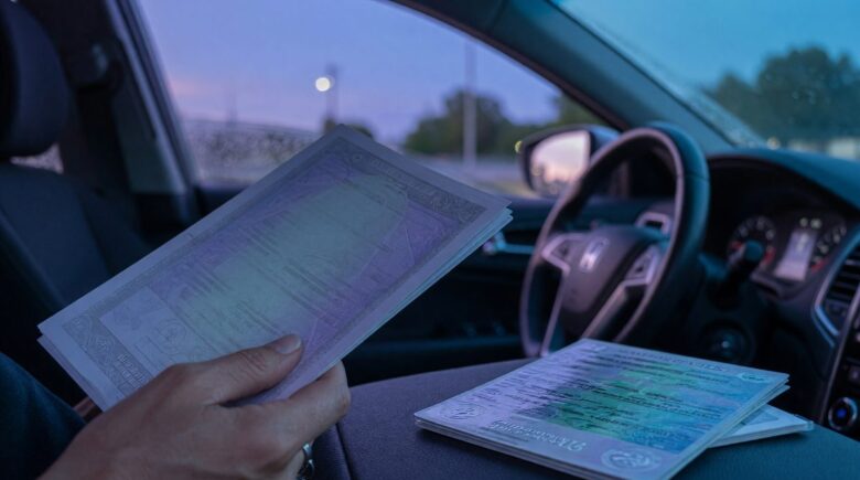 Parent and teenage driver reviewing auto insurance policy documents showing increased monthly premium costs