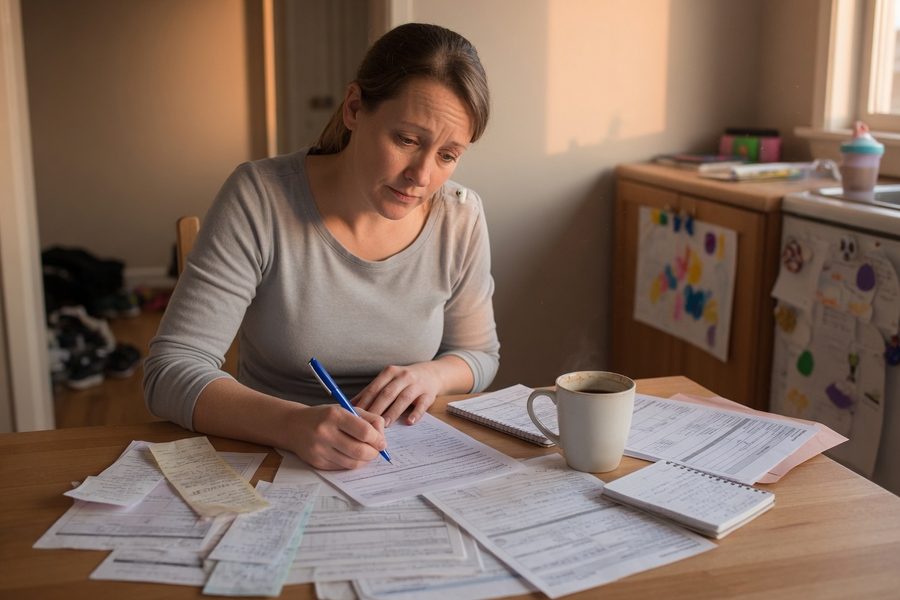 Stay-at-home parent reading with child while reviewing life insurance documents on laptop