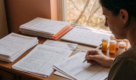 Person reviewing term life insurance documents with their healthcare provider to discuss chronic illness coverage options