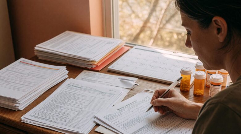 Person reviewing term life insurance documents with their healthcare provider to discuss chronic illness coverage options