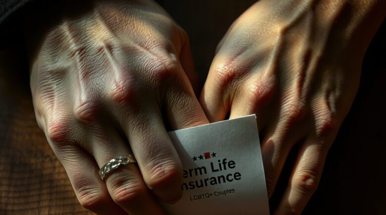 LGBTQ+ couple discussing life insurance options in a modern living room with a financial planning document on the table