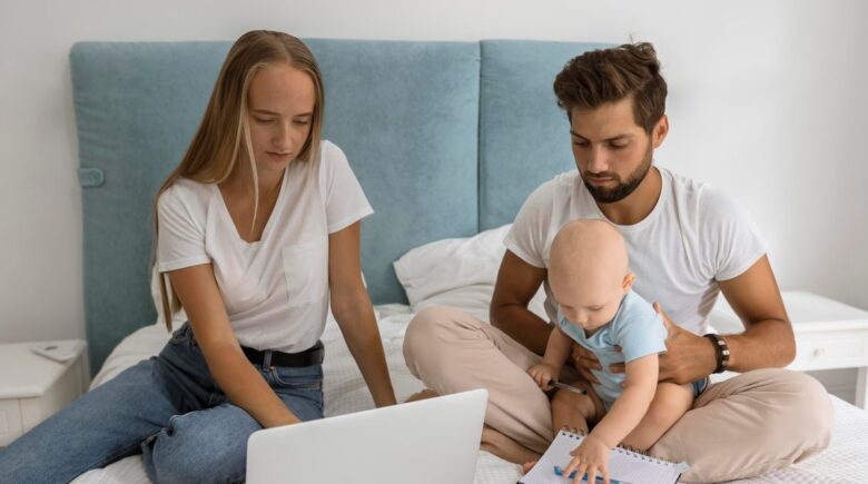 Parents holding their newborn with a term life insurance policy in the background