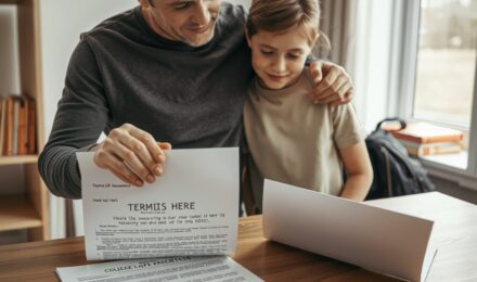 Parent reviewing college savings options with term life insurance quote and tuition costs on desk