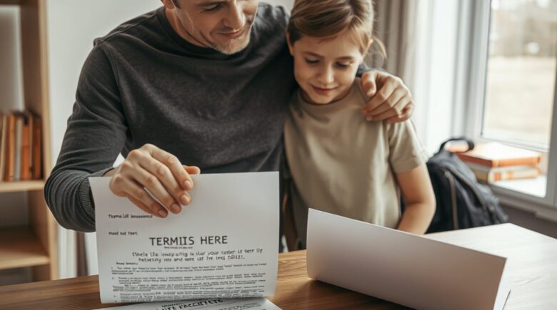 Parent reviewing college savings options with term life insurance quote and tuition costs on desk