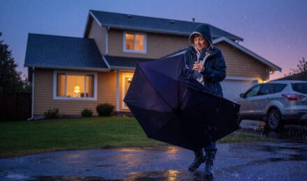 Illustration of umbrella protecting a house and car, representing umbrella insurance coverage