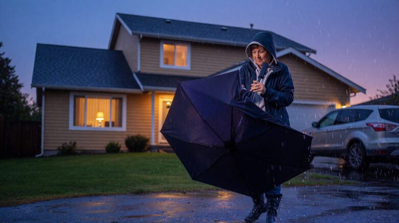 Illustration of umbrella protecting a house and car, representing umbrella insurance coverage