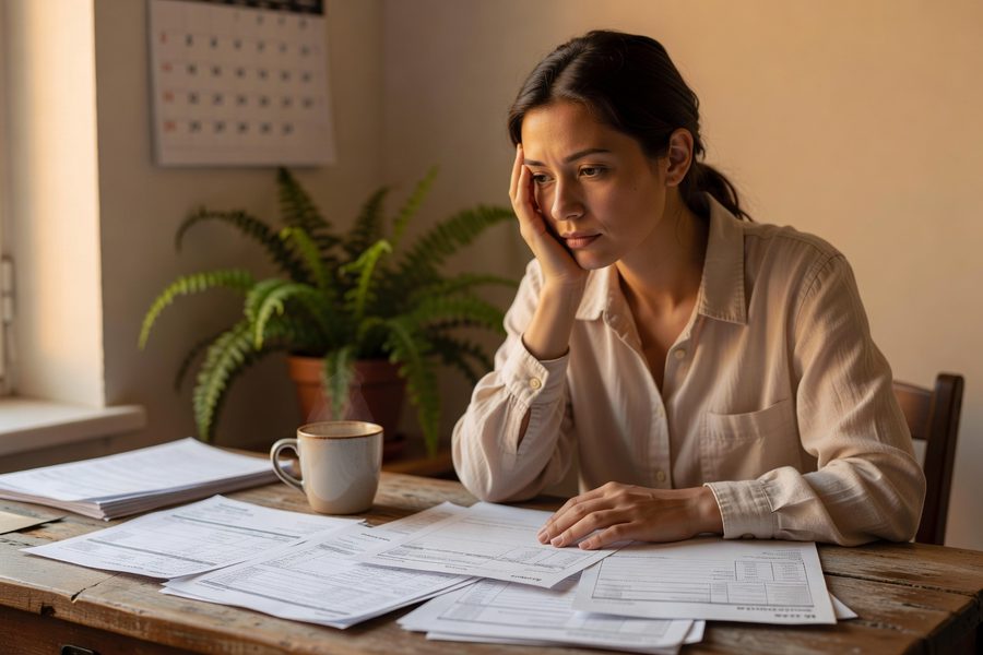 Stressed individual reviewing hospital bill at kitchen table