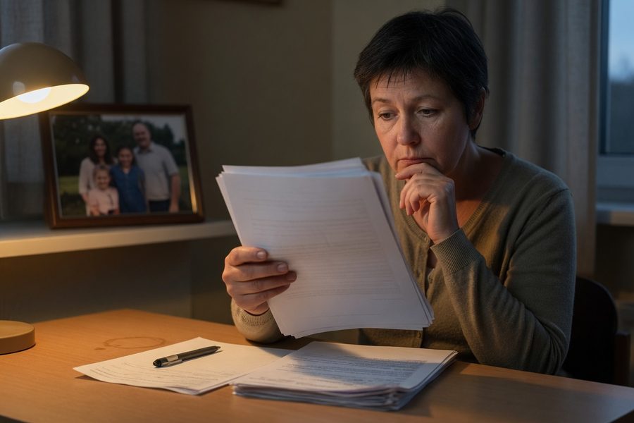 A couple reviewing mortgage documents with a highlighted insurance section.